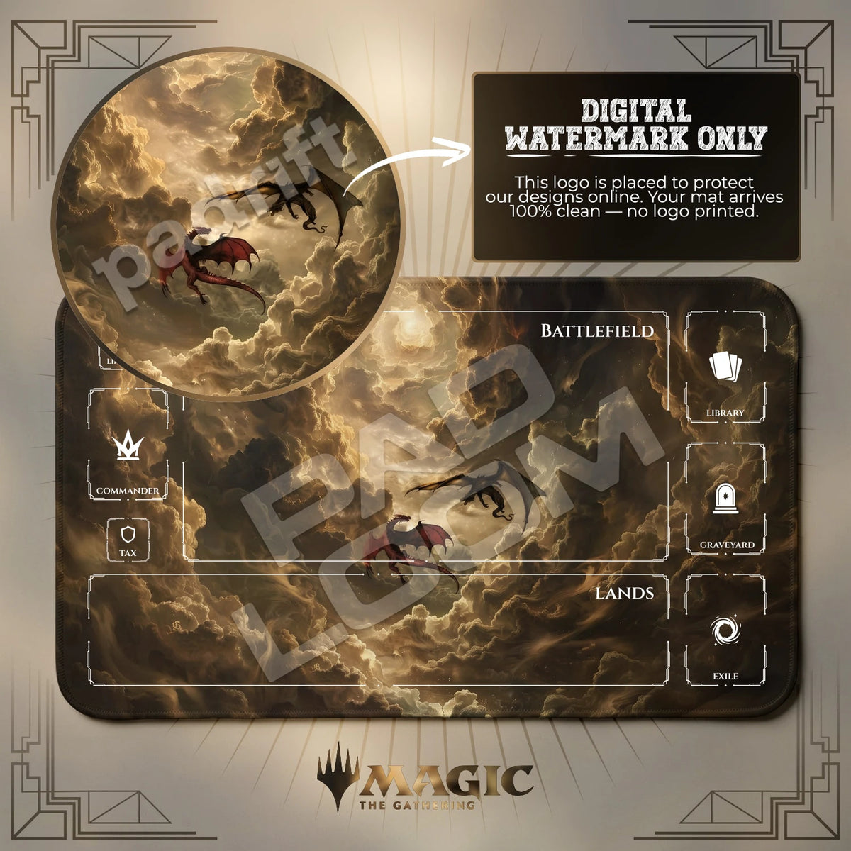 Dragon Vortex MTG playmat with zones; the Padloom watermark is digital only, not printed