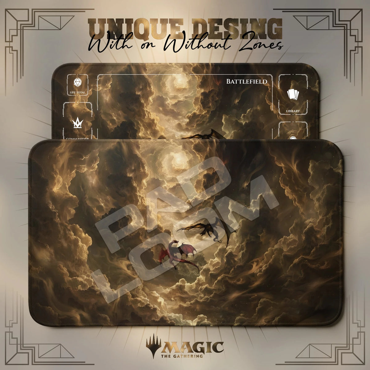 Dragon Vortex MTG playmat shown with zones and without zones