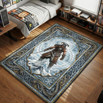 Skyrim Dragonborn warrior standing on snowy mountain peak surrounded by nordic runes and dragons gaming area rug and floor mat