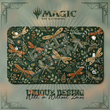 Dragonfly Celestial MTG playmat, green and yellow art with play zones, 24 x 14 in