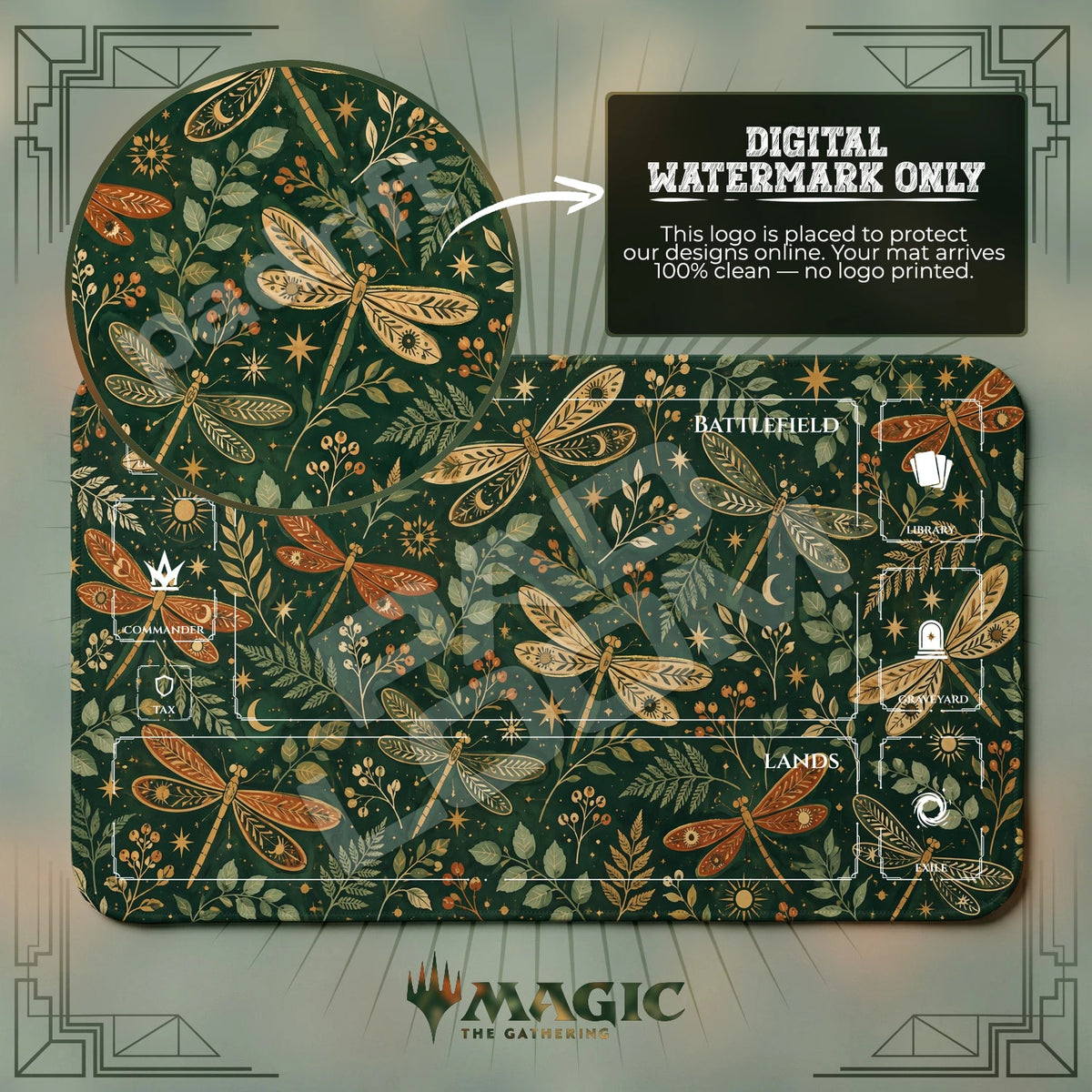 Dragonfly Celestial MTG playmat with zones; the Padloom watermark is digital only, not printed