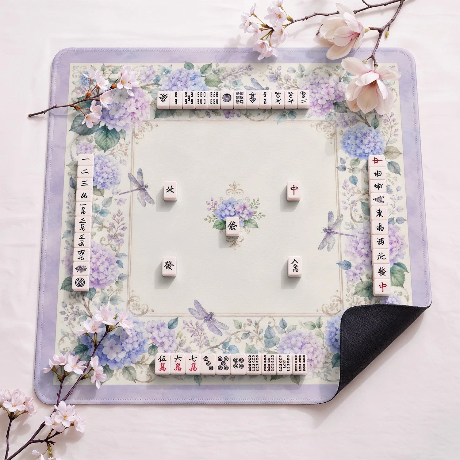 Dragonfly Hydrangea Mahjong Mat - Mah Jongg Mat