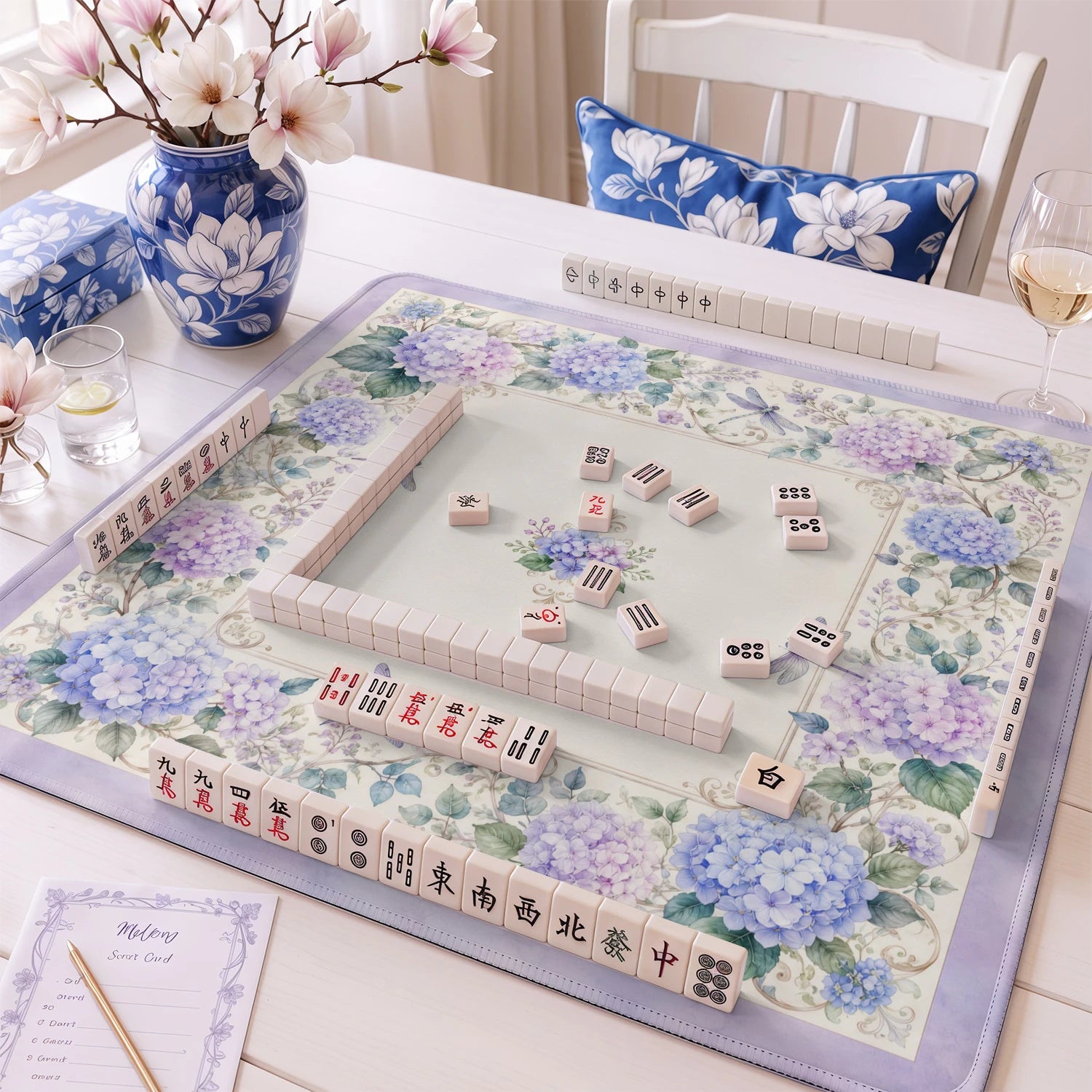 Dragonfly Hydrangea Mahjong Mat - Mah Jongg Mat