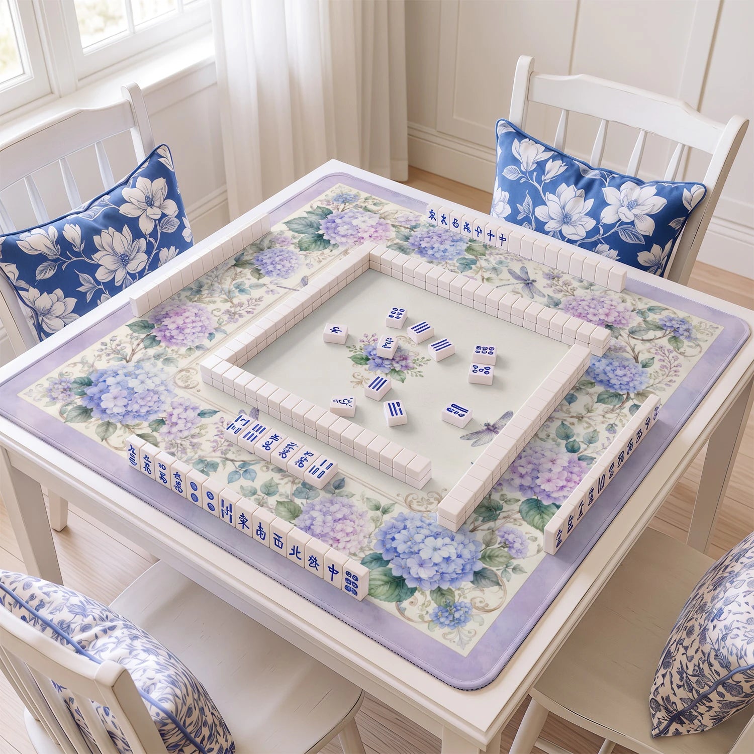 Dragonfly Hydrangea Mahjong Mat - Mah Jongg Mat