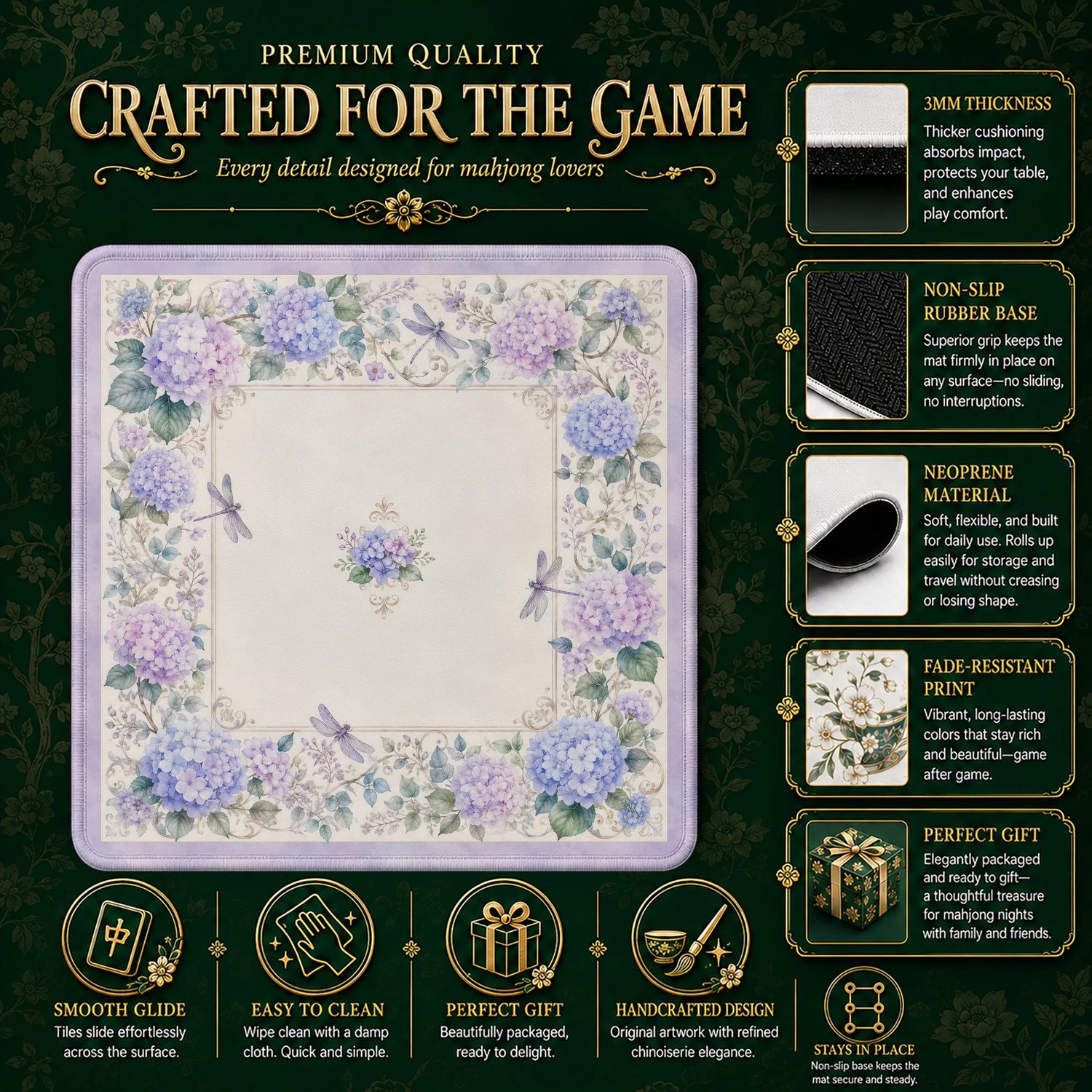 Dragonfly Hydrangea Mahjong Mat - Mah Jongg Mat