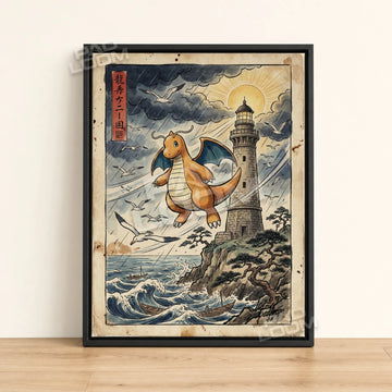 Dragonite Lighthouse Pokemon poster - framed canvas wall art in a black frame