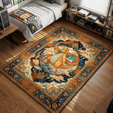 Dragonite standing amidst stylized clouds and lightning in a traditional orange and blue Persian pattern area rug and floor mat