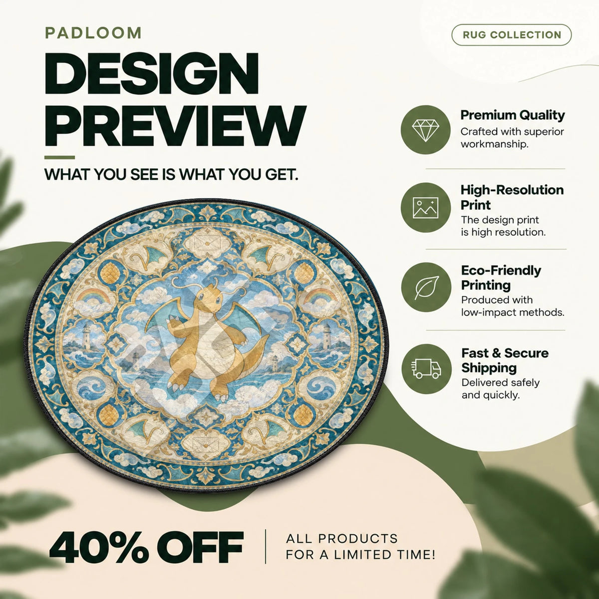 Dragonite Soaring Pokemon round rug full design preview