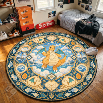 Dragonite Soaring Pokemon round rug on a bedroom floor - Pokemon chair mat