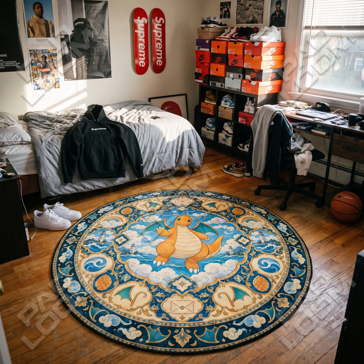 Dragonite Soaring round rug shown in a styled room - Pokemon area rug