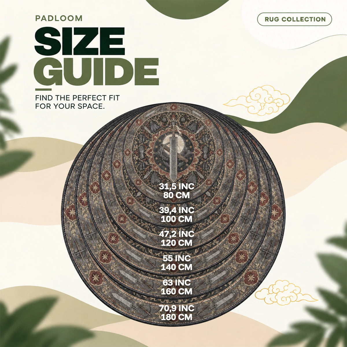 Dragonslayer Moonlit round rug size guide, 80 to 180 cm (31.5 to 70.9 in)