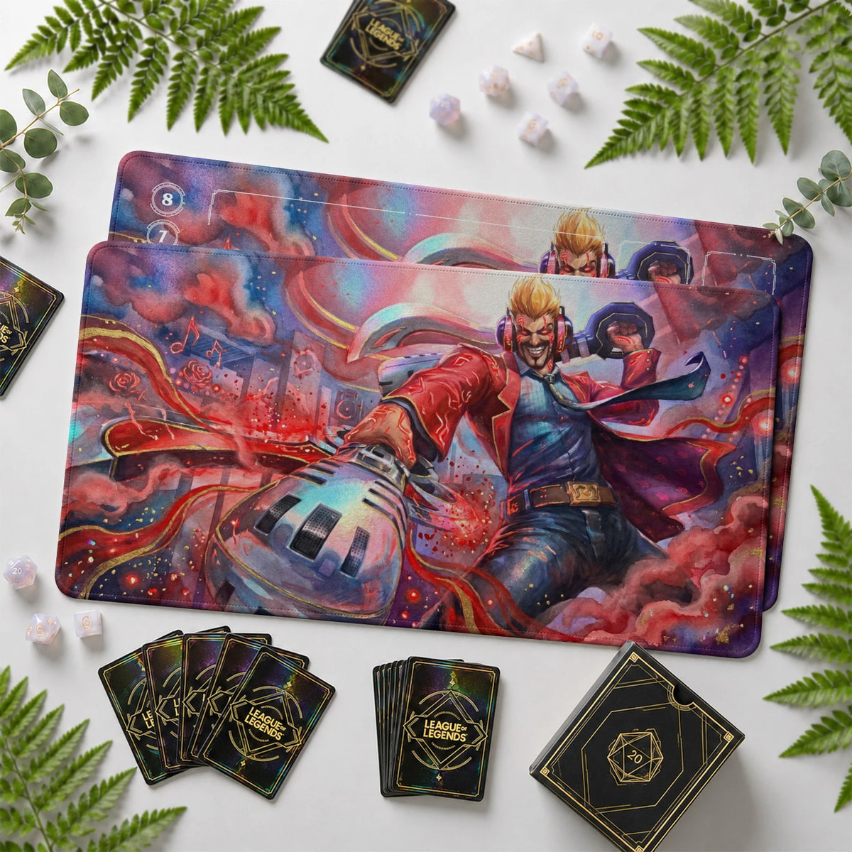 Draven Beatdrop Riftbound TCG playmat with card zones and score track – LoL game mat