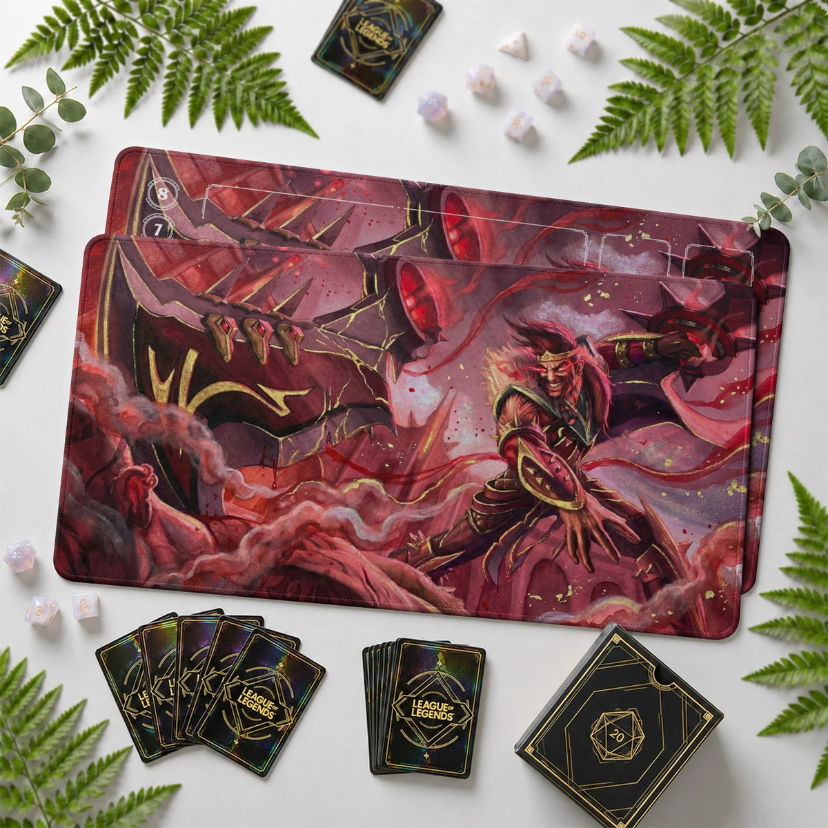 Draven Crimson Riftbound TCG playmat with card zones and score track – LoL game mat