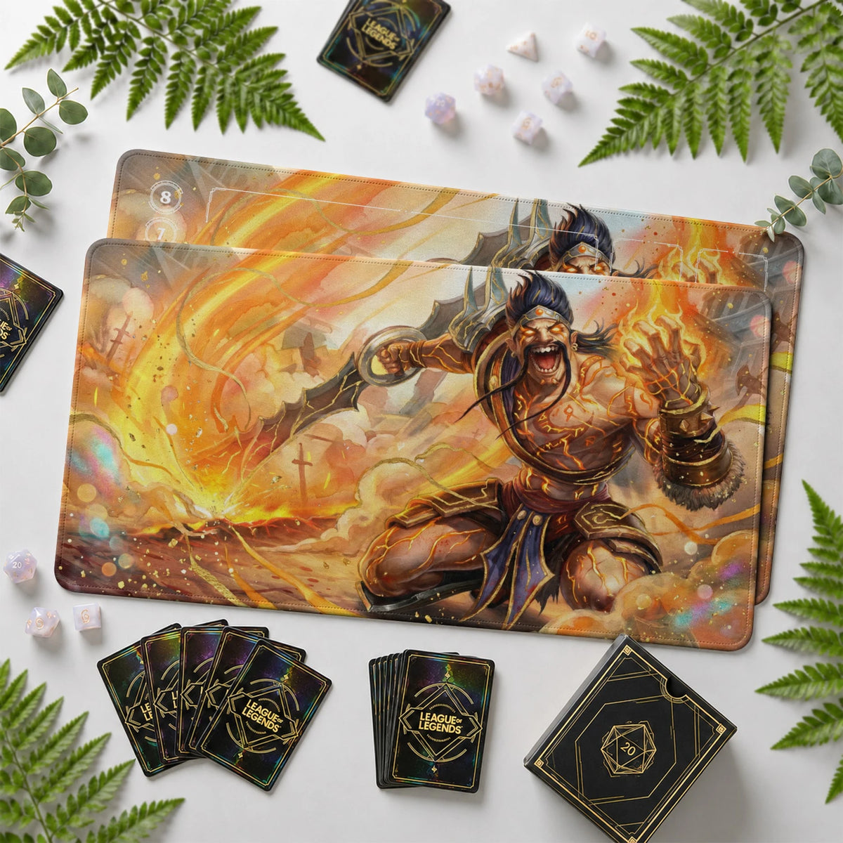 Draven Inferno Riftbound TCG playmat with card zones and score track – LoL game mat