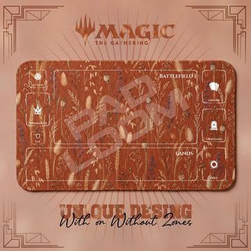 Dried Flower Terracotta MTG playmat, orange art with play zones, 24 x 14 in