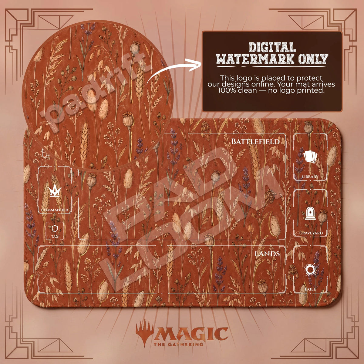 Dried Flower Terracotta MTG playmat with zones; the Padloom watermark is digital only, not printed