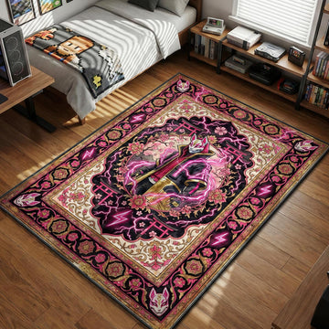 Fortnite Drift character surrounded by pink lightning and cherry blossoms in a neon Japanese style gaming area rug and floor mat