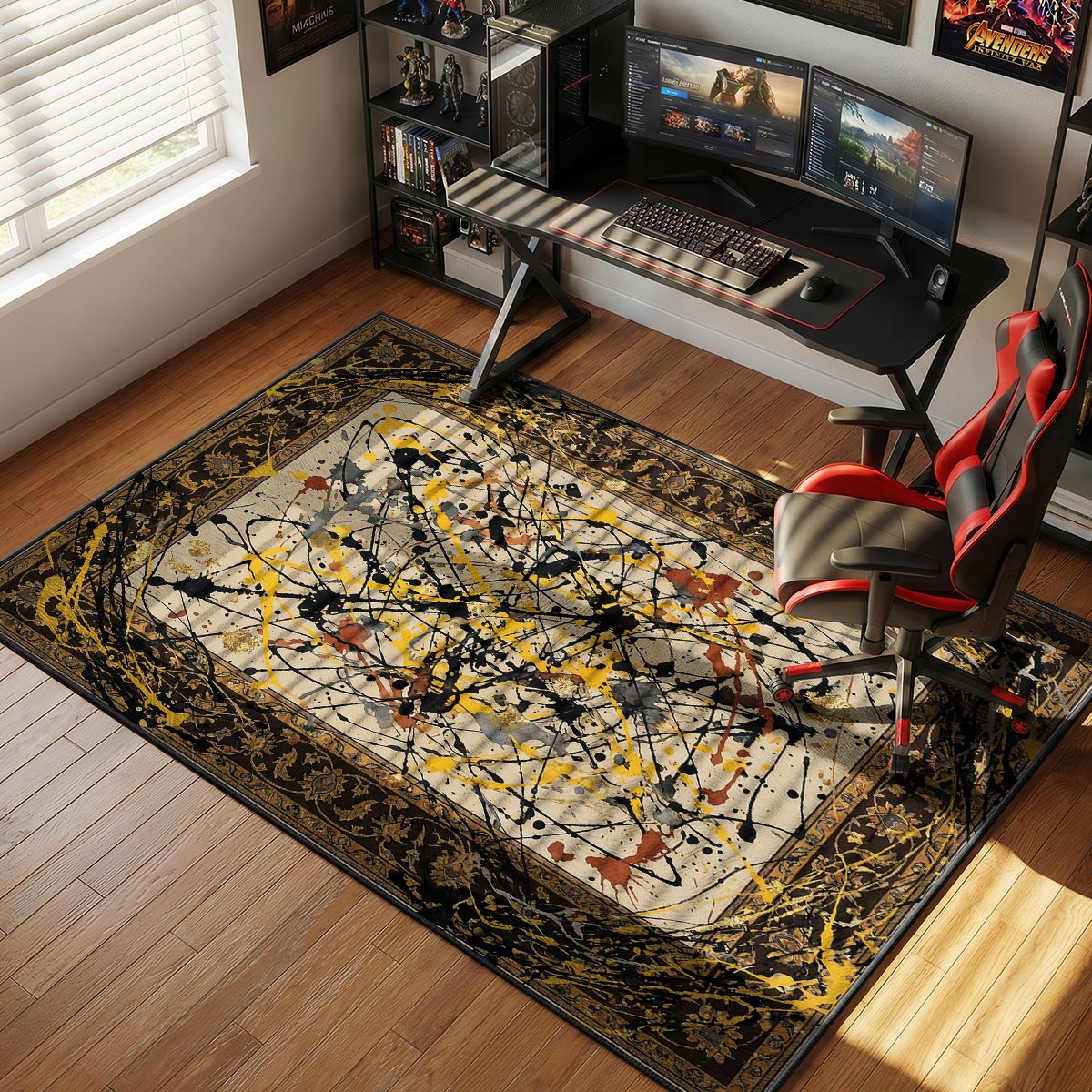 Drip action rug placed in a loft-style living room with concrete floor and industrial lighting
