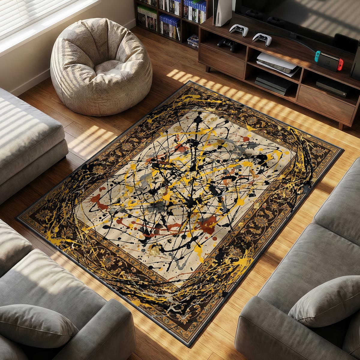 Close-up of drip action rug showing layered paint splatter and gold-leaf fragments on velvet surface