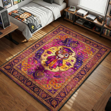 A rectangular floor mat featuring a watercolor-style Dropout Bear in a graduation gown surrounded by musical notes and university crests against a purple and gold traditional Persian area rug.