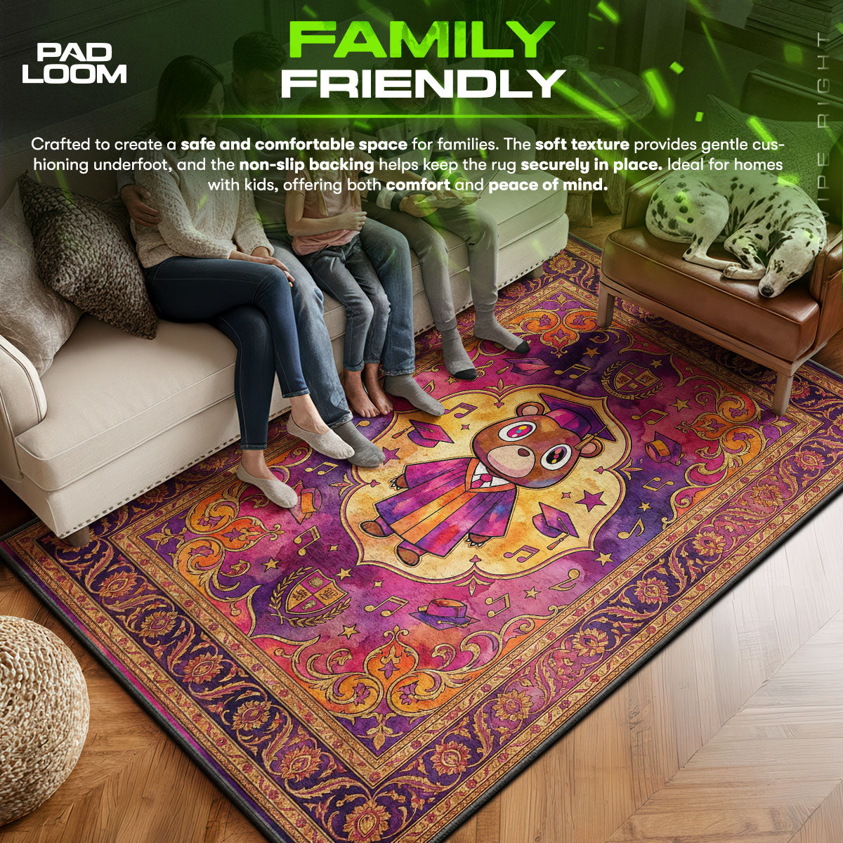 Dropout area rug showing full home decor artwork