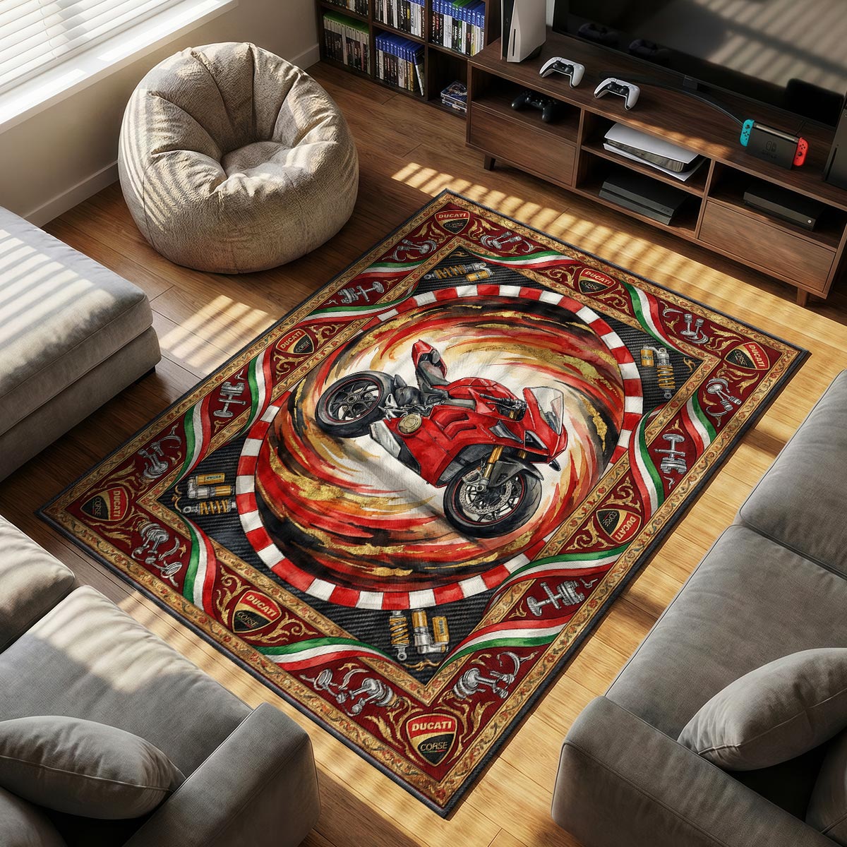 Ducati Panigale themed area rug for home decor fans