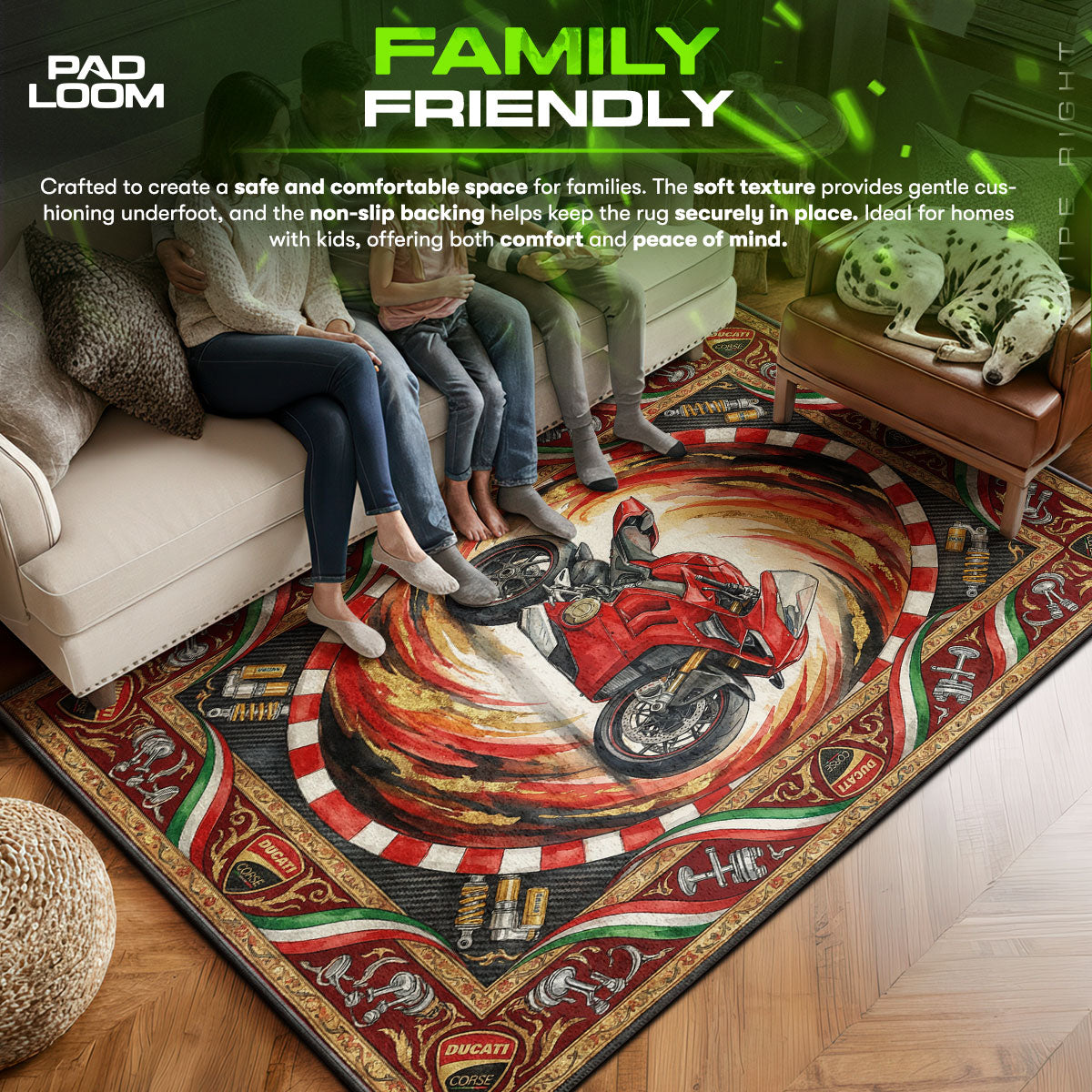 Ducati area rug showing full home decor artwork