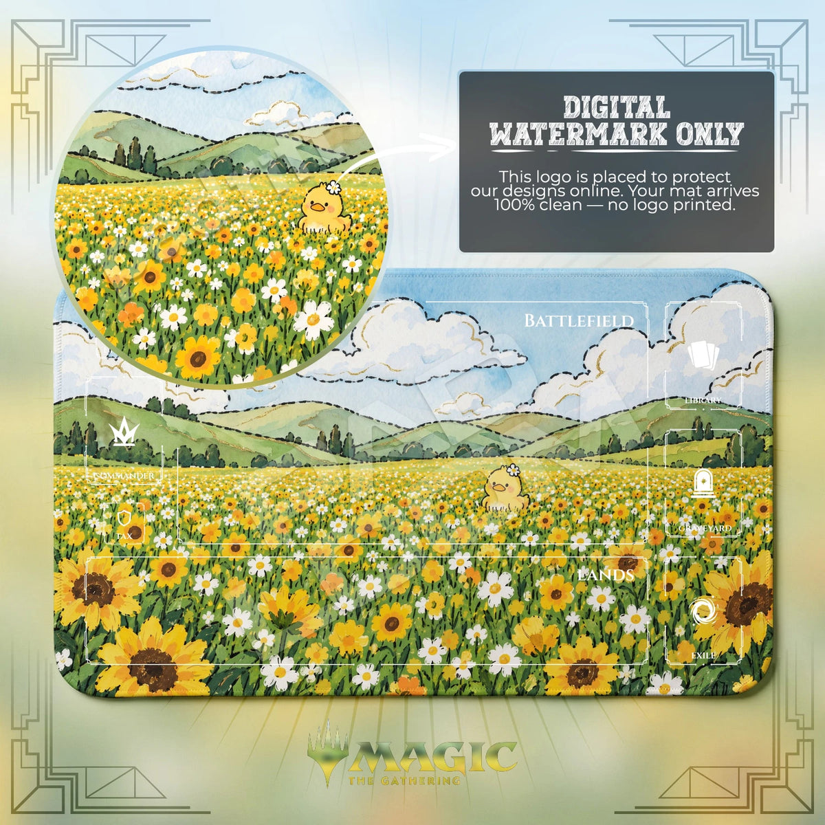 Duckling Sunflower MTG playmat with zones; the Padloom watermark is digital only, not printed
