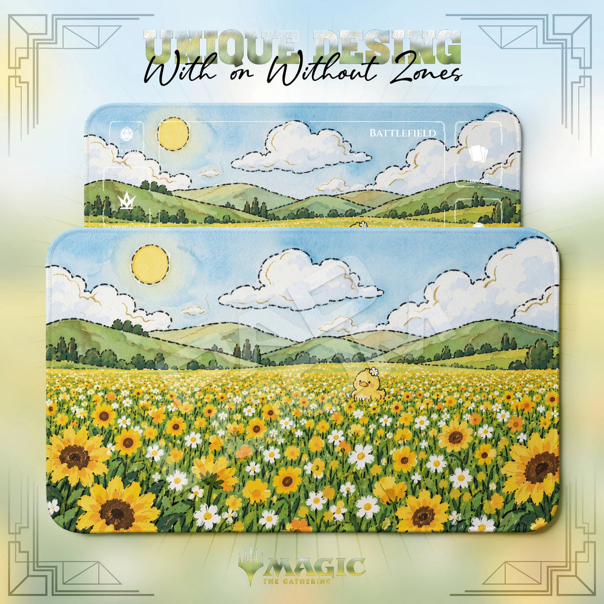 Duckling Sunflower MTG playmat shown with zones and without zones
