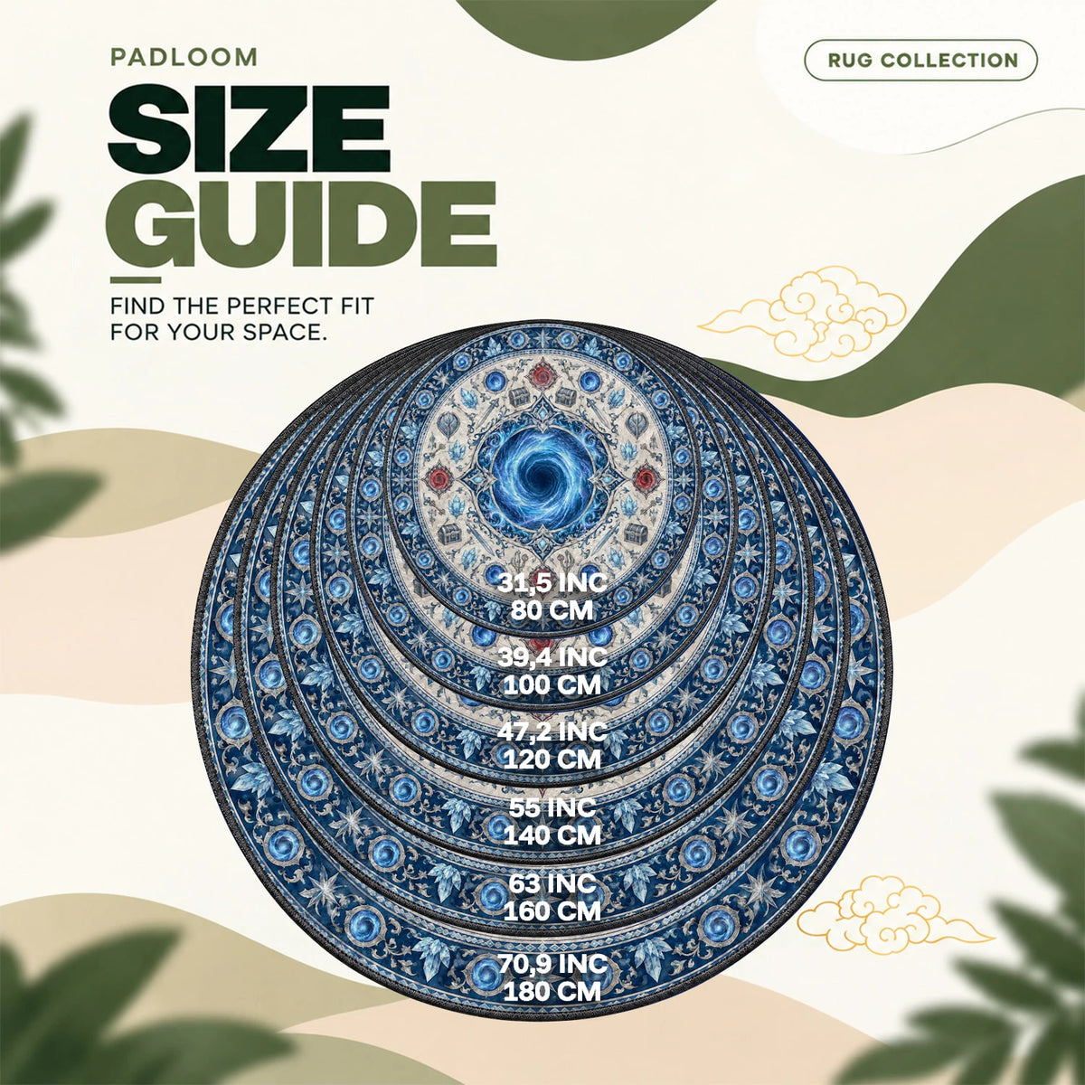 Dungeon Gate Medallion round rug size guide, 80 to 180 cm (31.5 to 70.9 in)