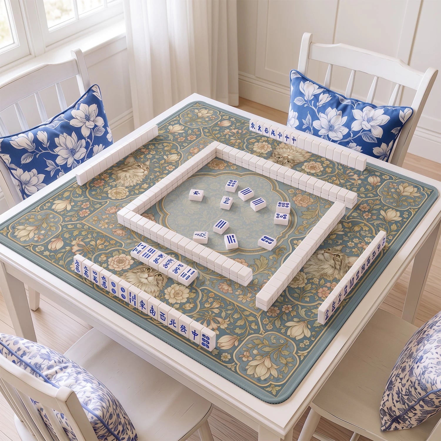 Dusty Maine Coon mahjong mat with tiles and racks on the table