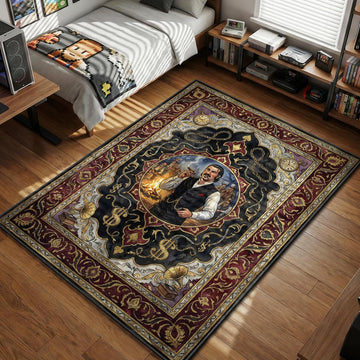 Dutch van der Linde smoking cigar near campfire with dollar signs and chains vintage gaming area rug and floor mat