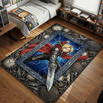 Edward Elric from Fullmetal Alchemist in a red coat with automail blade arm extended, surrounded by blue lightning, pocket watches, and gears on a rug.