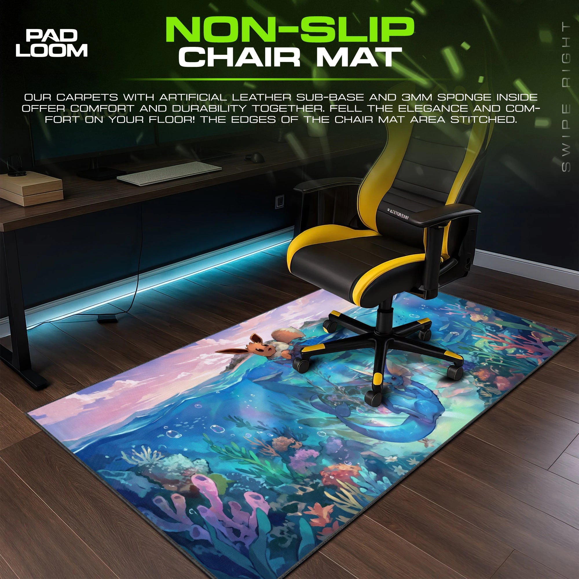Eevee and Vaporeon Reef – stitched-edge, non-slip mouse pad detail
