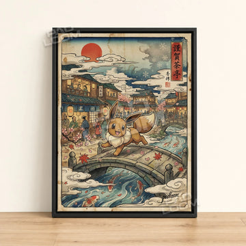 Eevee Bridge Pokemon poster - framed canvas wall art in a black frame