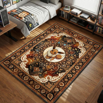 Eevee surrounded by elemental evolution symbols in ornate brown watercolor style area rug and floor mat