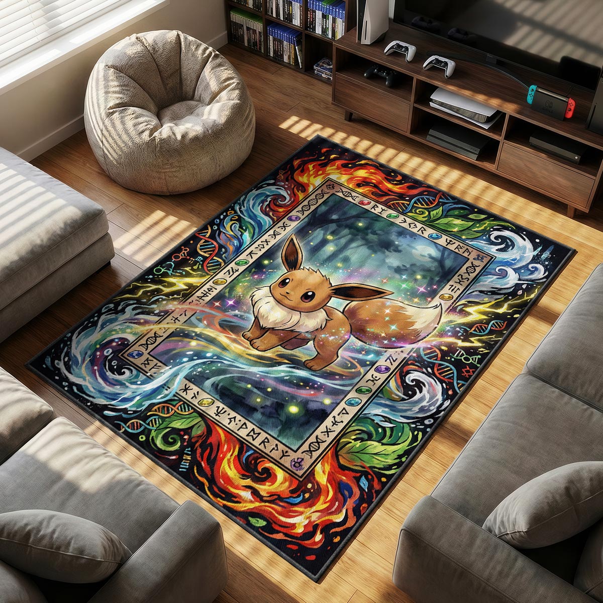 Eevee Elemental themed area rug for home decor fans