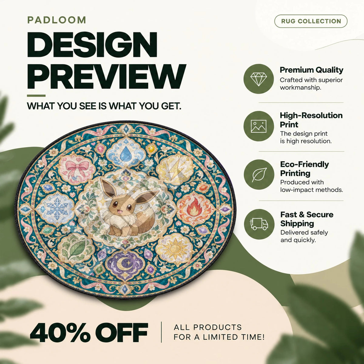 Eevee Sitting Pokemon round rug full design preview