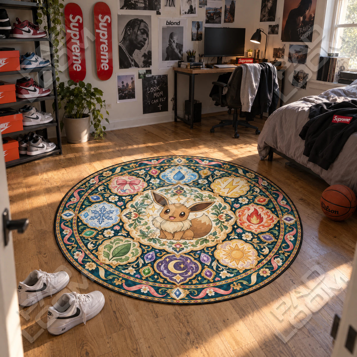 Eevee Sitting round rug shown in a styled room - Pokemon area rug