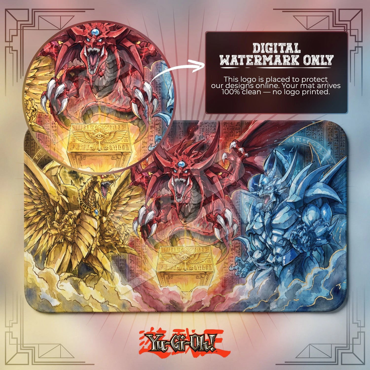 Egyptian Gods Trio artwork close-up on Yugioh playmat