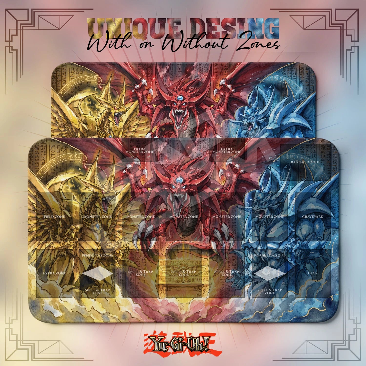Egyptian Gods Trio Playmat – With Zones and Without Zones layouts compared