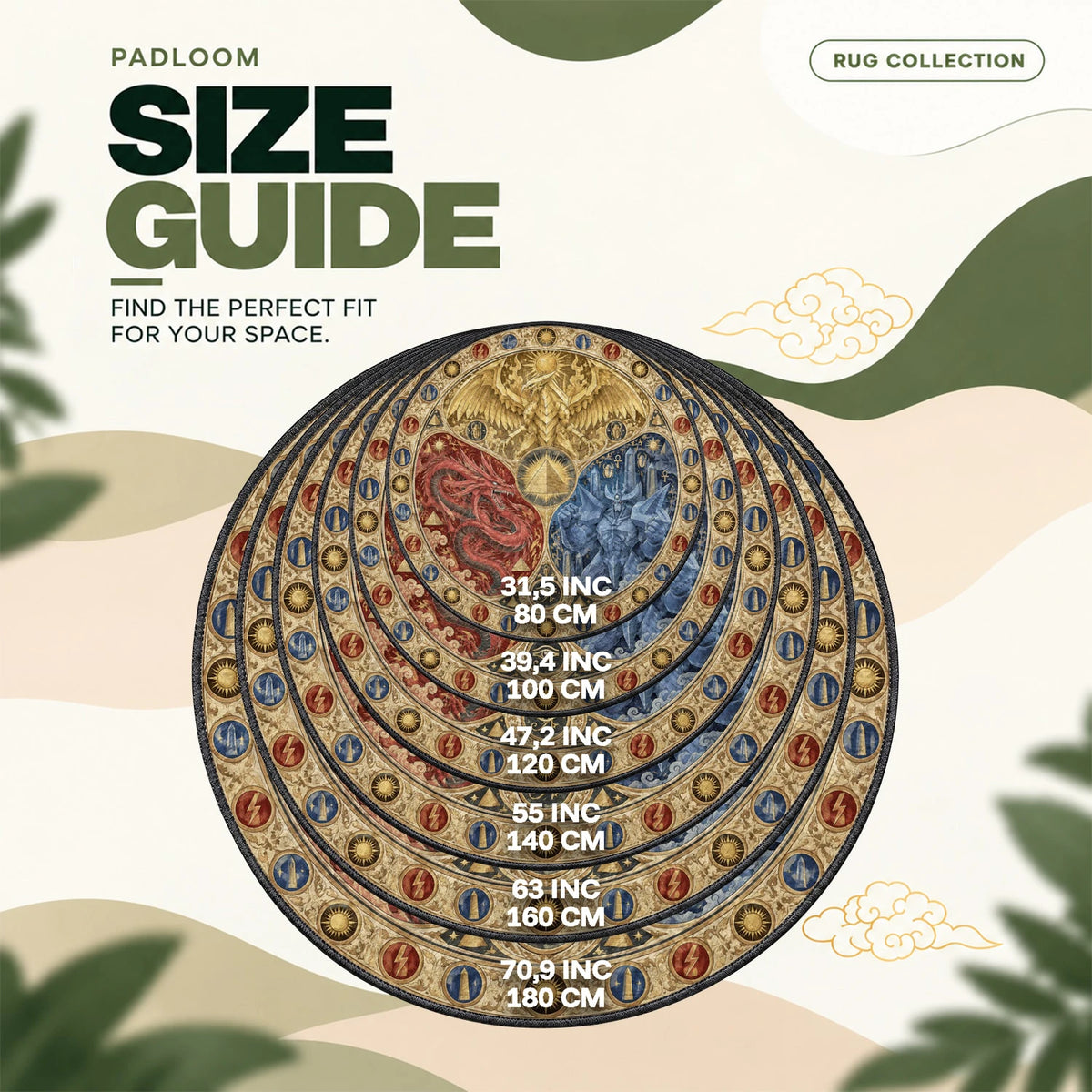 Egyptian Gods Trio round rug size guide, 80 to 180 cm (31.5 to 70.9 in)