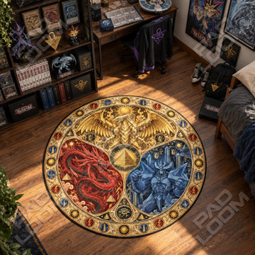Egyptian Gods Trio Yu-Gi-Oh round rug on a bedroom floor - Yu-Gi-Oh chair mat