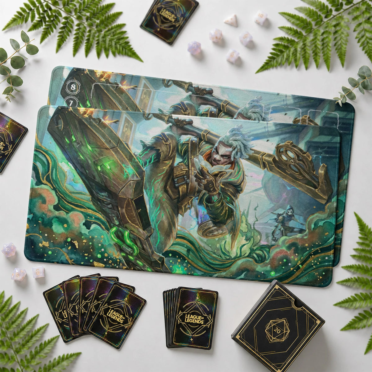 Ekko Neon Riftbound TCG playmat with card zones and score track – LoL game mat