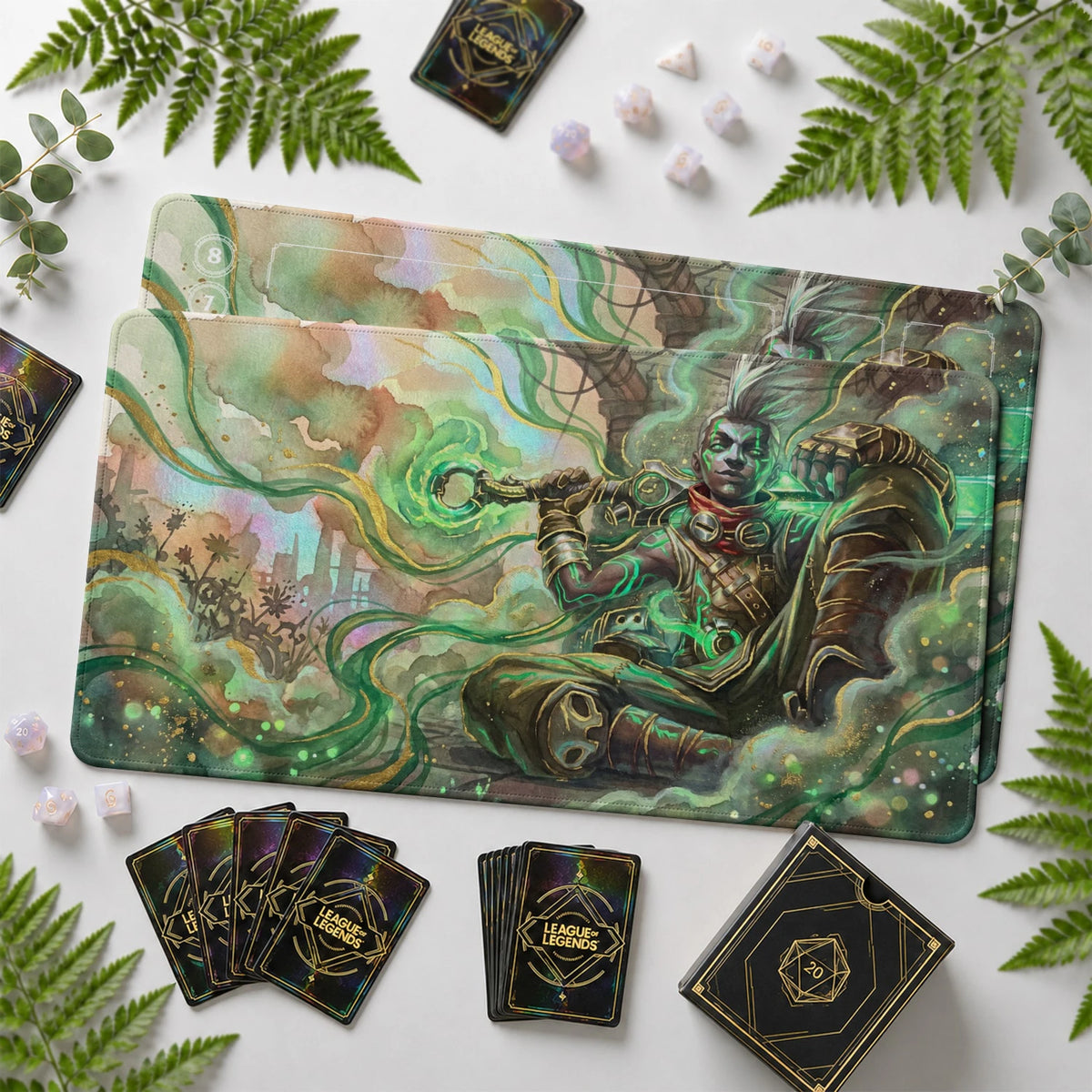 Ekko Verdant Riftbound TCG playmat with card zones and score track – LoL game mat