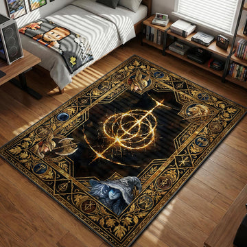 Elden Ring Golden Order symbol surrounded by Malenia and Ranni portraits with gold filigree gaming area rug and floor mat