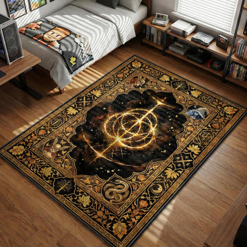 Elden Ring Great Rune symbol surrounded by Malenia Ranni and Rykard portraits dark fantasy gaming area rug and floor mat