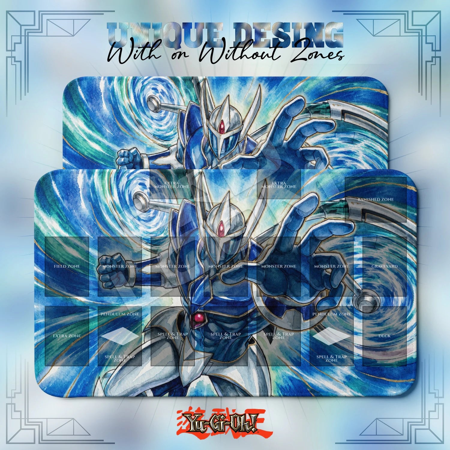 Elemental Hero Stratos Playmat – With Zones and Without Zones layouts compared