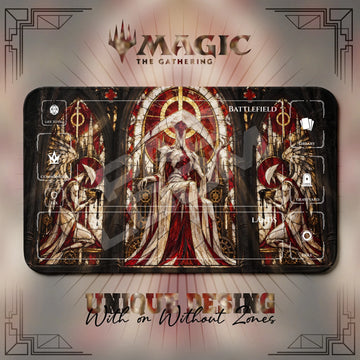 Elesh Norn Phyrexian MTG playmat, brown and orange art with play zones, 24 x 14 in