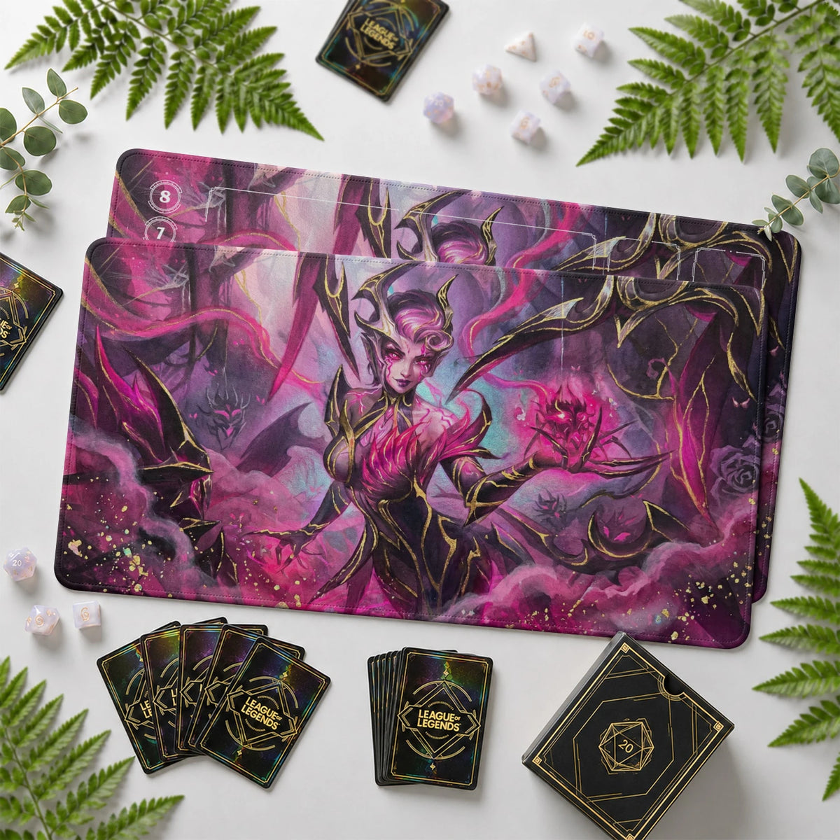 Elise Bloom Riftbound TCG playmat with card zones and score track – LoL game mat